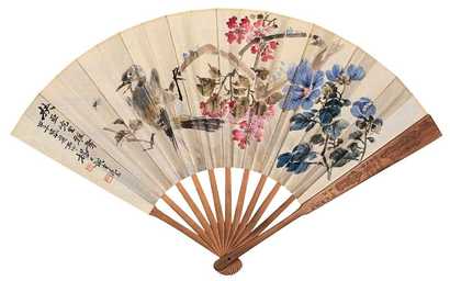 杨士猷 王蕴章 甲子（1924年）作 花鸟 书法 成扇